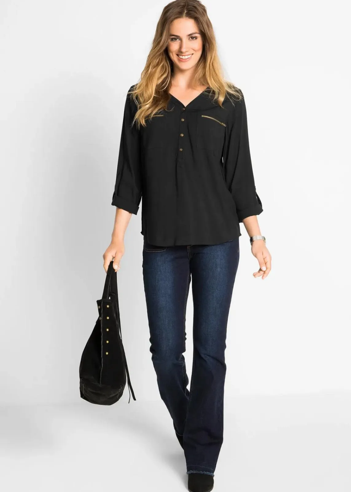 bonprix Bekleidung·Jacken & Mäntel|Blusen & Tuniken^Viskose-Bluse mit V-Ausschnitt, langarm schwarz