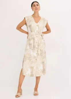 bonprix Bekleidung·Pullover & Strickjacken|Kleider^Viskose-Kleid mit Bindeband (2-tlg.Set) beige leo bedruckt