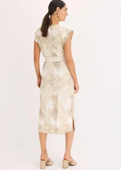 bonprix Bekleidung·Pullover & Strickjacken|Kleider^Viskose-Kleid mit Bindeband (2-tlg.Set) beige leo bedruckt