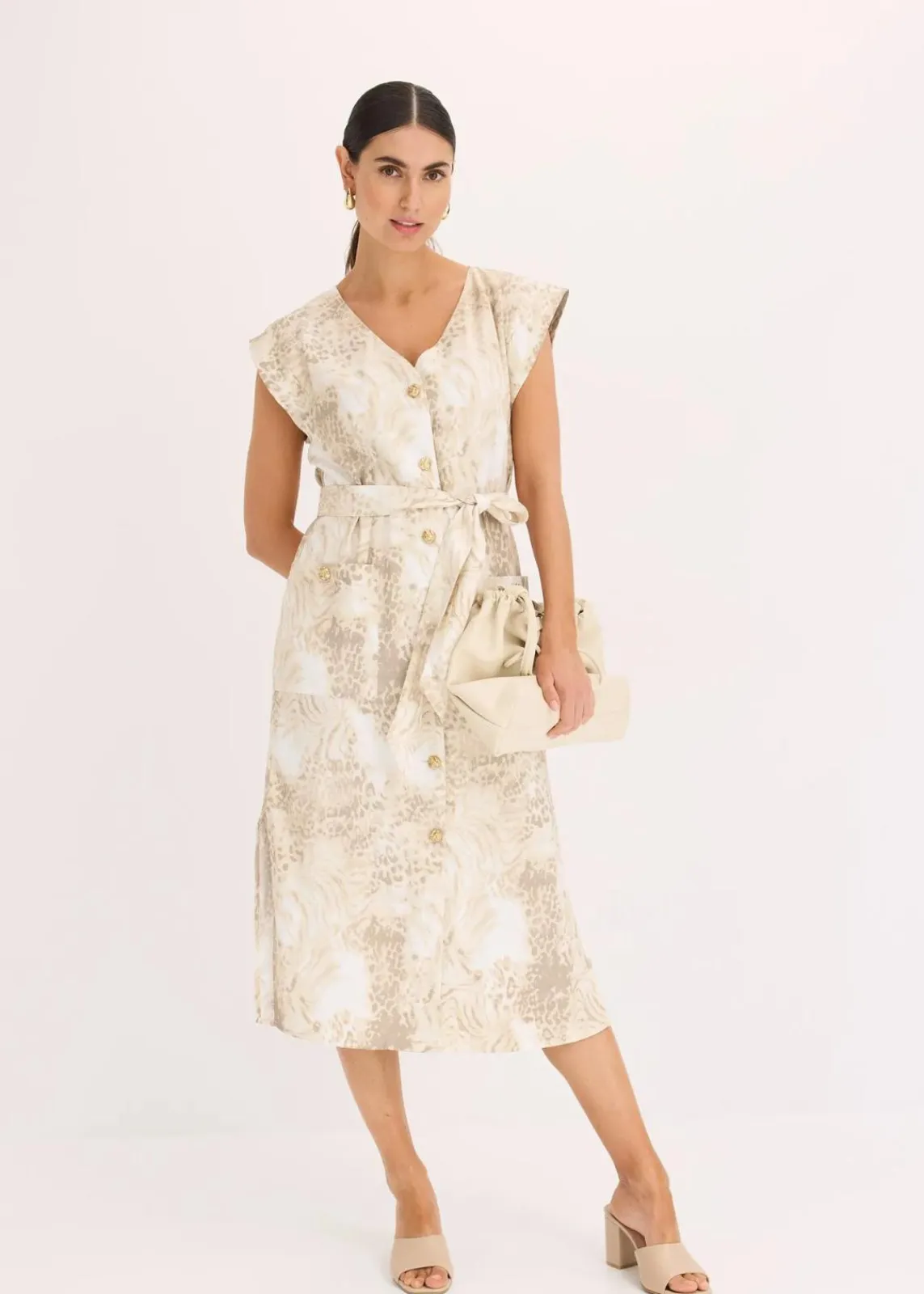 bonprix Bekleidung·Pullover & Strickjacken|Kleider^Viskose-Kleid mit Bindeband (2-tlg.Set) beige leo bedruckt