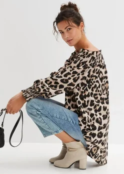 bonprix Bekleidung·Jacken & Mäntel|Blusen & Tuniken^Vokuhila-Bluse kreidebeige/braun leo bedruckt