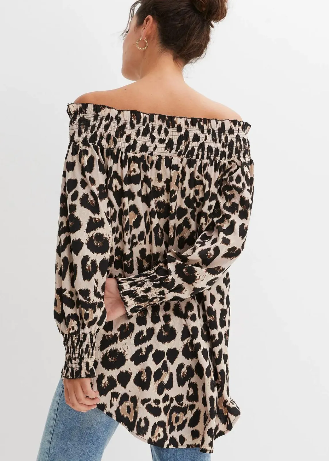 bonprix Bekleidung·Jacken & Mäntel|Blusen & Tuniken^Vokuhila-Bluse kreidebeige/braun leo bedruckt