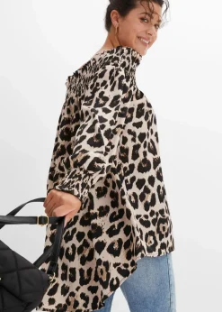 bonprix Bekleidung·Jacken & Mäntel|Blusen & Tuniken^Vokuhila-Bluse kreidebeige/braun leo bedruckt