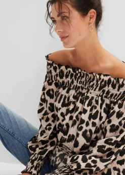 bonprix Bekleidung·Jacken & Mäntel|Blusen & Tuniken^Vokuhila-Bluse kreidebeige/braun leo bedruckt