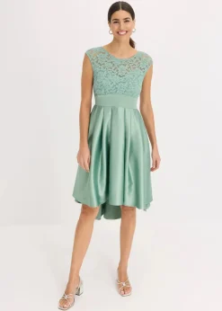 bonprix Bekleidung·Pullover & Strickjacken|Festliche Mode^Vokuhila-Kleid aus glänzendem Satin mit Spitze pastellgrün