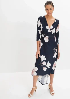 bonprix Bekleidung·Pullover & Strickjacken|Nachhaltigere Materialien^Vokuhila-Kleid aus Jersey mit Bindeband dunkelblau/rosa geblümt