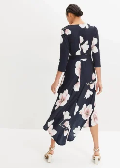 bonprix Bekleidung·Pullover & Strickjacken|Nachhaltigere Materialien^Vokuhila-Kleid aus Jersey mit Bindeband dunkelblau/rosa geblümt