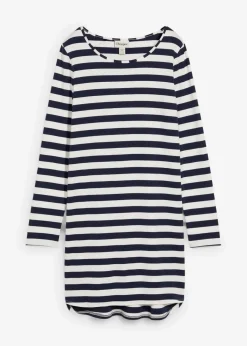 bonprix Bekleidung·Pullover & Strickjacken|Kleider^Vokuhila-Kleid aus schwerer reiner Baumwolle dunkelblau/wollweiß gestreift