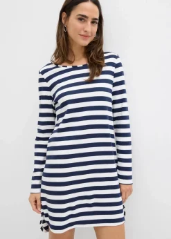 bonprix Bekleidung·Pullover & Strickjacken|Kleider^Vokuhila-Kleid aus schwerer reiner Baumwolle dunkelblau/wollweiß gestreift
