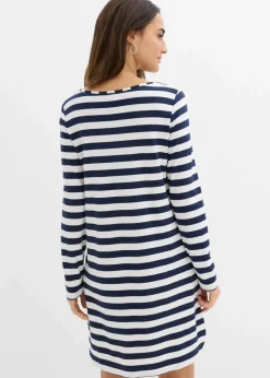 bonprix Bekleidung·Pullover & Strickjacken|Kleider^Vokuhila-Kleid aus schwerer reiner Baumwolle dunkelblau/wollweiß gestreift