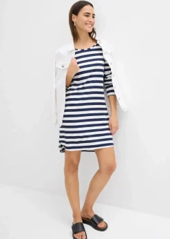 bonprix Bekleidung·Pullover & Strickjacken|Kleider^Vokuhila-Kleid aus schwerer reiner Baumwolle dunkelblau/wollweiß gestreift