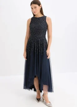 bonprix Bekleidung·Pullover & Strickjacken|Festliche Mode^Vokuhila-Kleid mit Pailettenstickerei dunkelblau