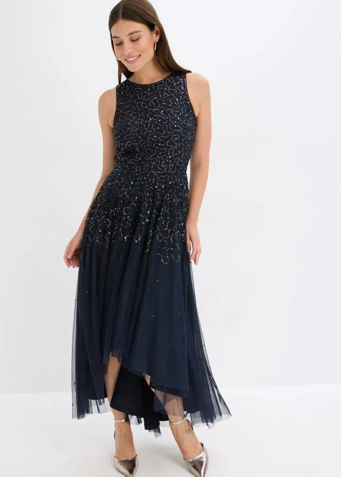 bonprix Bekleidung·Pullover & Strickjacken|Festliche Mode^Vokuhila-Kleid mit Pailettenstickerei dunkelblau