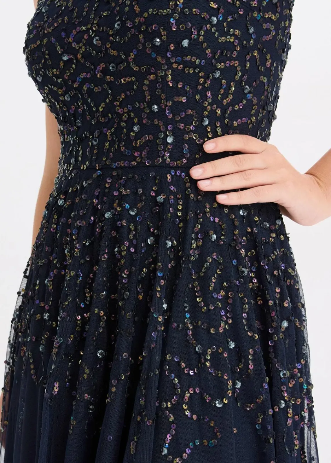 bonprix Bekleidung·Pullover & Strickjacken|Festliche Mode^Vokuhila-Kleid mit Pailettenstickerei dunkelblau