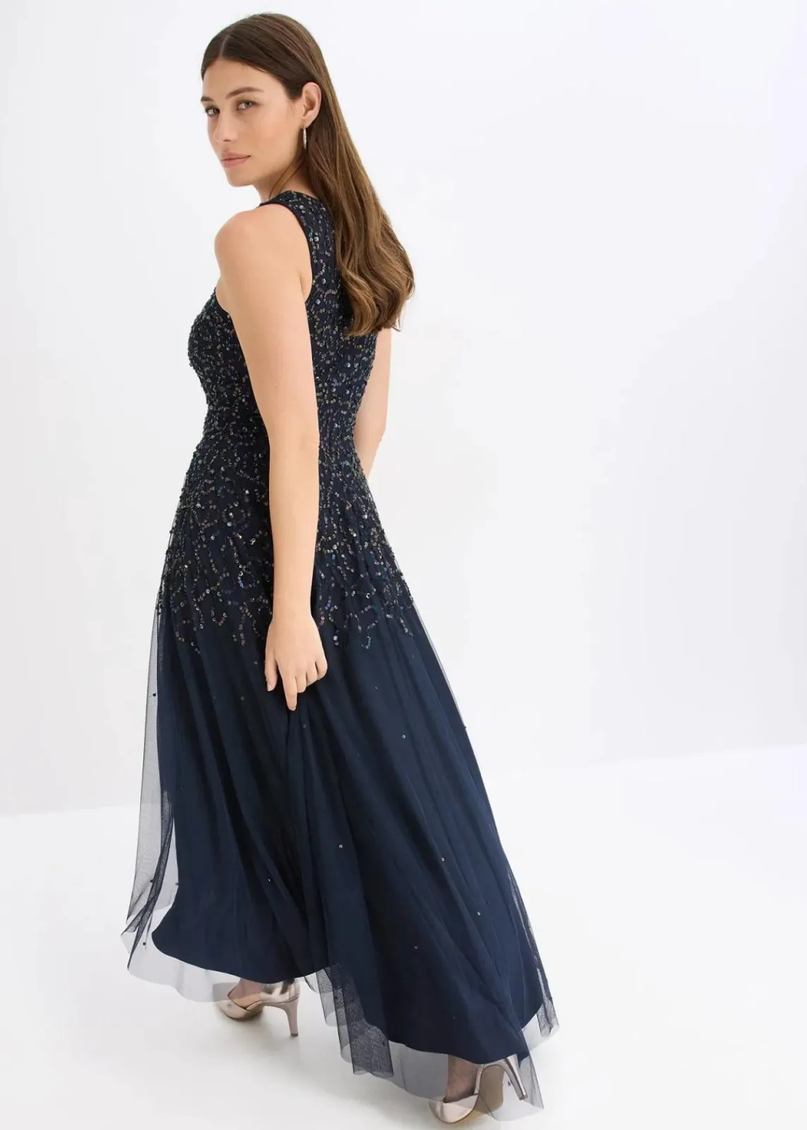 bonprix Bekleidung·Pullover & Strickjacken|Festliche Mode^Vokuhila-Kleid mit Pailettenstickerei dunkelblau