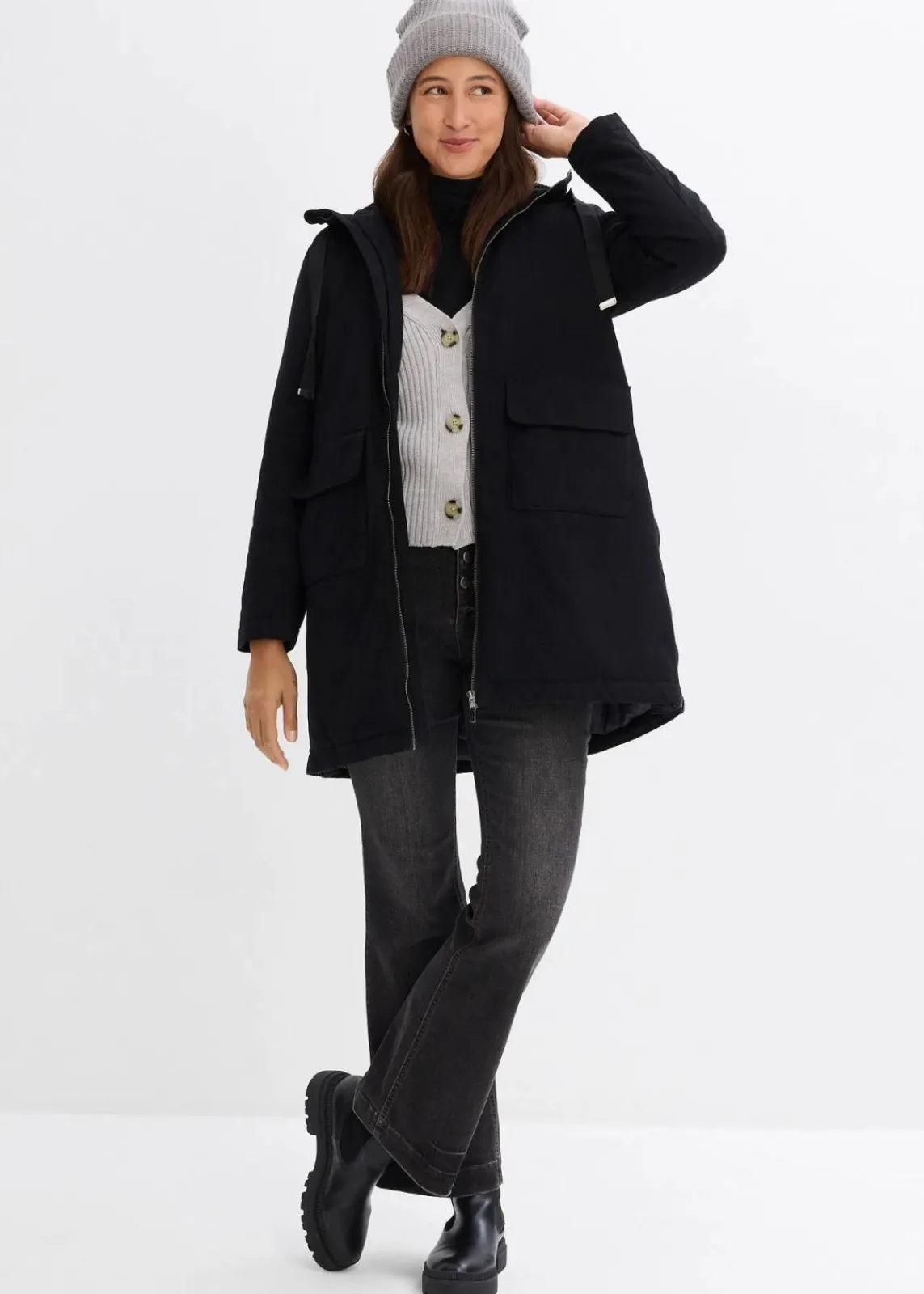 bonprix Bekleidung·Hosen|Jacken & Mäntel^warm wattierter Winterparka mit Teddyfutter in Kapuze schwarz