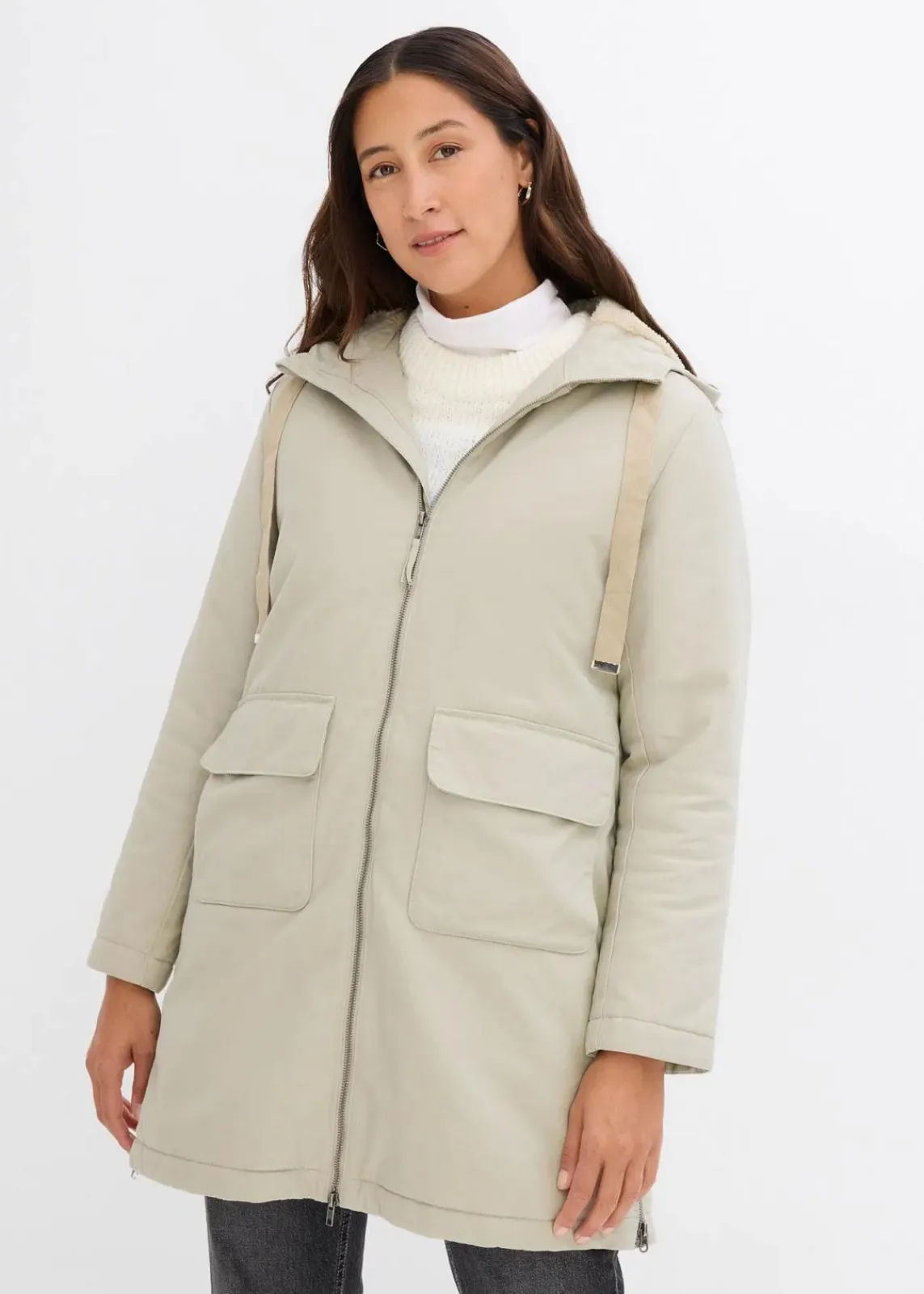 bonprix Jacken & Mäntel|Bekleidung·Hosen^warm wattierter Winterparka mit Teddyfutter in Kapuze mattschilf