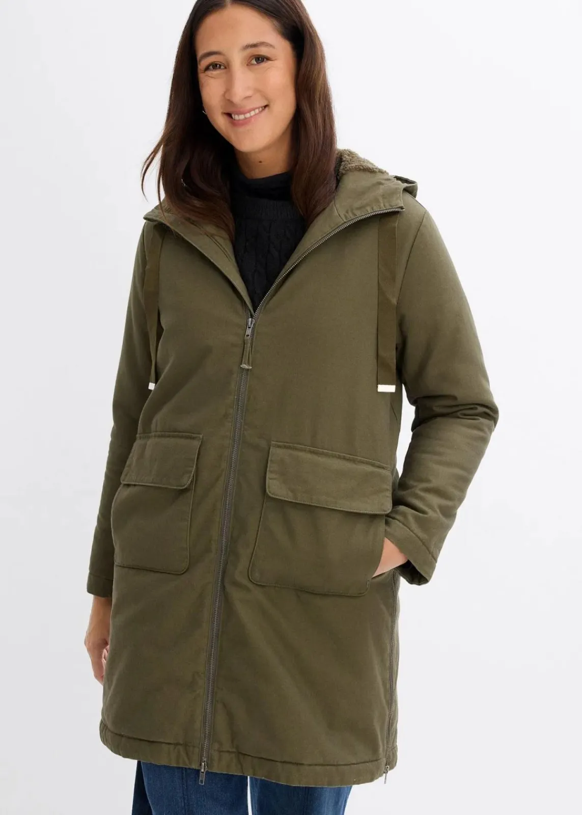 bonprix Jacken & Mäntel|Bekleidung·Hosen^warm wattierter Winterparka mit Teddyfutter in Kapuze dunkeloliv