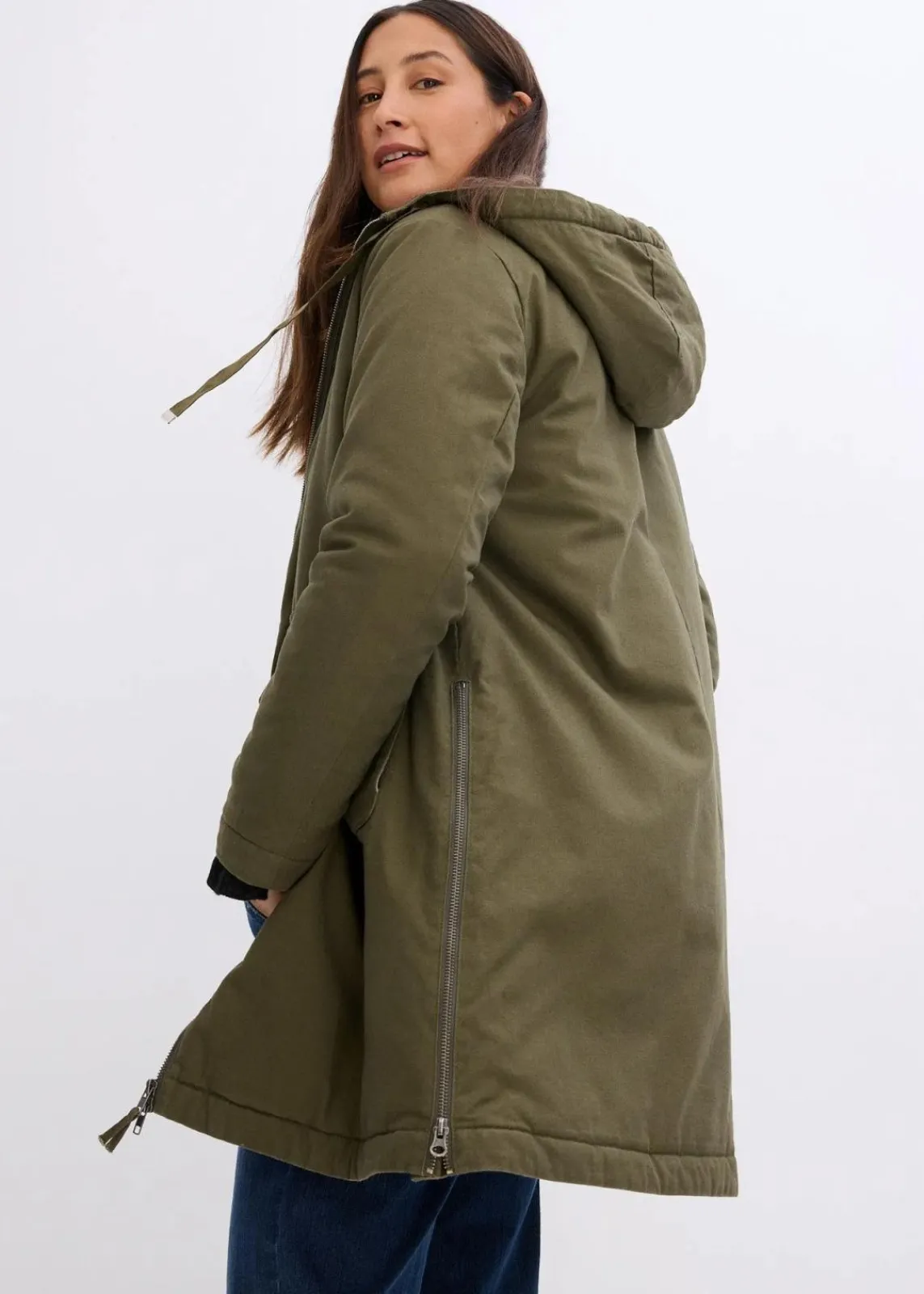 bonprix Jacken & Mäntel|Bekleidung·Hosen^warm wattierter Winterparka mit Teddyfutter in Kapuze dunkeloliv