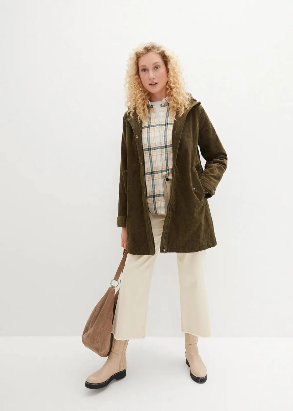 bonprix Jacken & Mäntel|Bekleidung·Hosen^Warmer Cord-Parka mit Teddy-Futter in der Kapuze, in A-Linie dunkeloliv