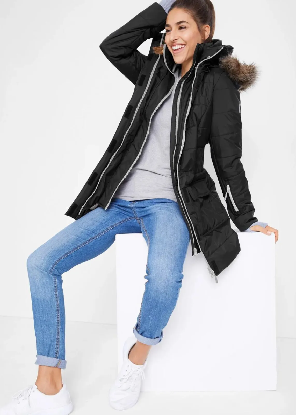 bonprix Bekleidung·Hosen|Jacken & Mäntel^wasserabweisende Funktions-Longjacke in 2-in-1-Optik, gesteppt schwarz