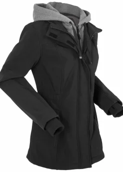 bonprix Bekleidung·Hosen|Jacken & Mäntel^wasserabweisende Softshell-Longjacke, 2 in 1-Optik schwarz