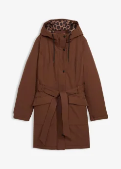 bonprix Bekleidung·Hosen|Jacken & Mäntel^Wasserabweisender Outdoor-Kurzmantel mit Gürtel, Leo-Futter braun
