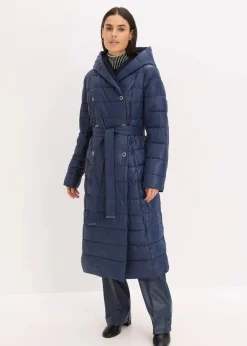 bonprix Bekleidung·Hosen|Jacken & Mäntel^wasserabweisender Steppmantel mit Wollimitat Besatz und Bindegürtel (2-tlg.) dunkelblau