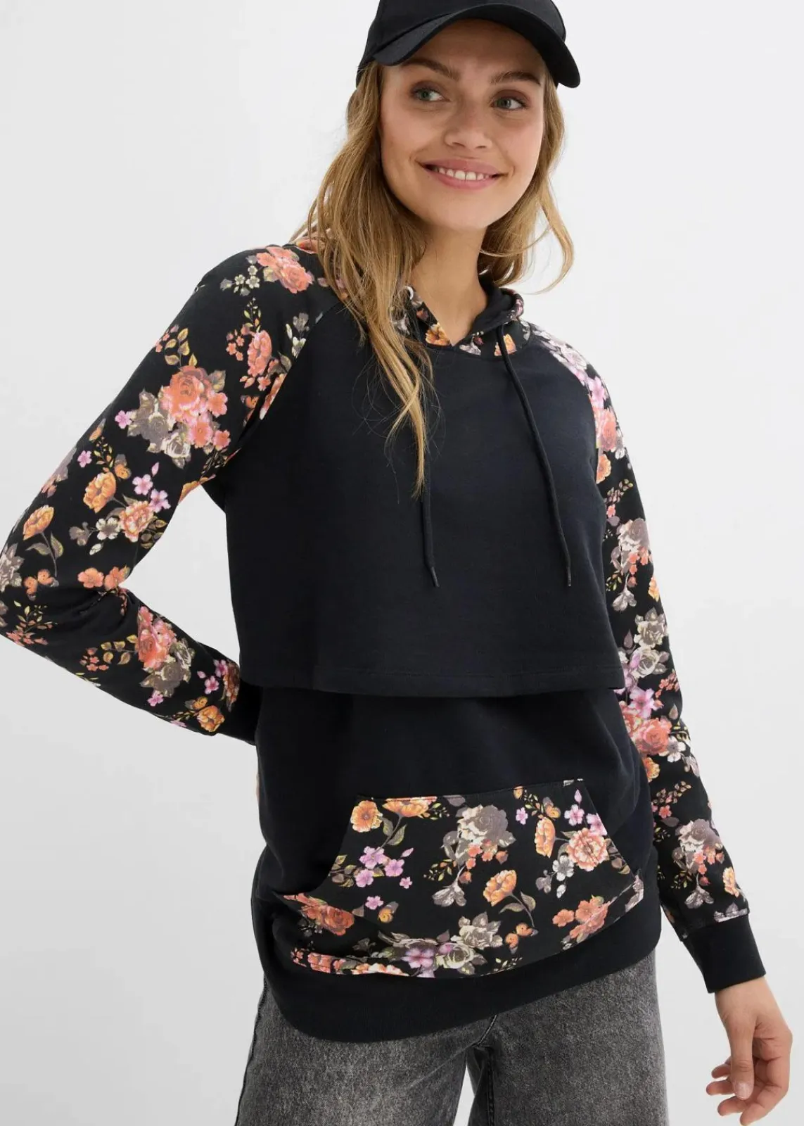 bonprix Bekleidung·Blazer|Umstandsmode^Weiches 2-in-1 Umstands-und Stillsweatshirt schwarz geblümt