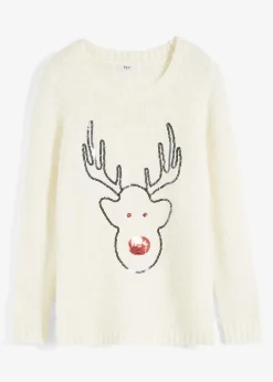 bonprix Bekleidung·Umstandsmode|Bekleidung·Jeans^Weihnachtspullover wollweiß mit weihnachtsmotiv