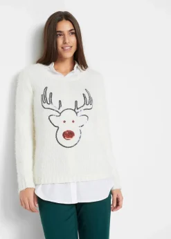 bonprix Bekleidung·Umstandsmode|Bekleidung·Jeans^Weihnachtspullover wollweiß mit weihnachtsmotiv