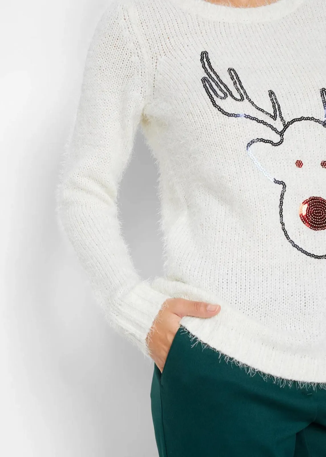 bonprix Bekleidung·Umstandsmode|Bekleidung·Jeans^Weihnachtspullover wollweiß mit weihnachtsmotiv