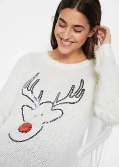 bonprix Bekleidung·Umstandsmode|Bekleidung·Jeans^Weihnachtspullover wollweiß mit weihnachtsmotiv