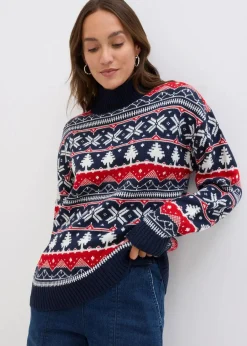 bonprix Bekleidung·Jeans|Nachhaltigere Materialien^Weihnachtspullover mit Turtleneck dunkelblau norwegermuster