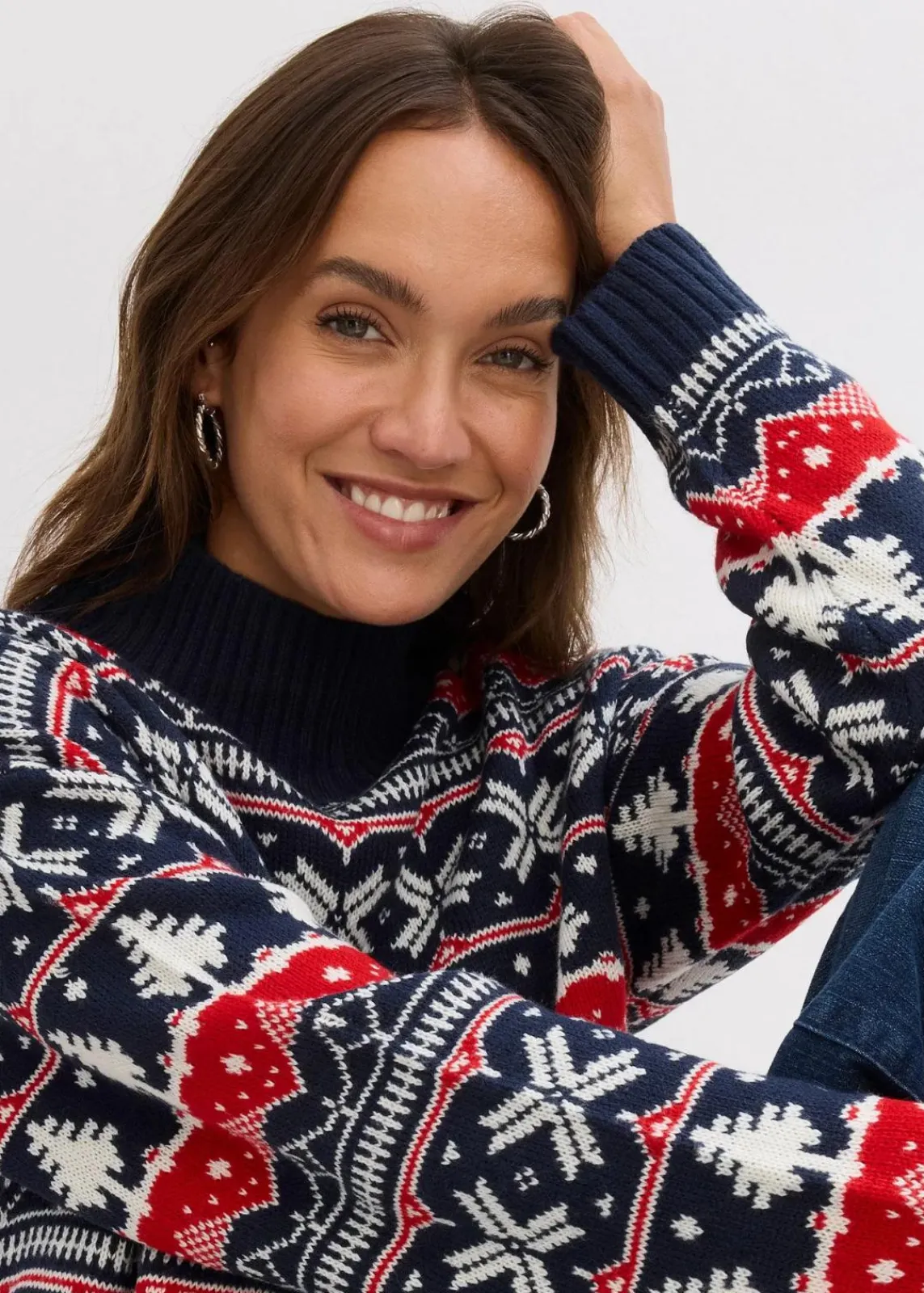 bonprix Bekleidung·Jeans|Nachhaltigere Materialien^Weihnachtspullover mit Turtleneck dunkelblau norwegermuster