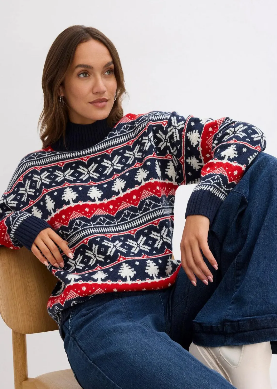 bonprix Bekleidung·Jeans|Nachhaltigere Materialien^Weihnachtspullover mit Turtleneck dunkelblau norwegermuster
