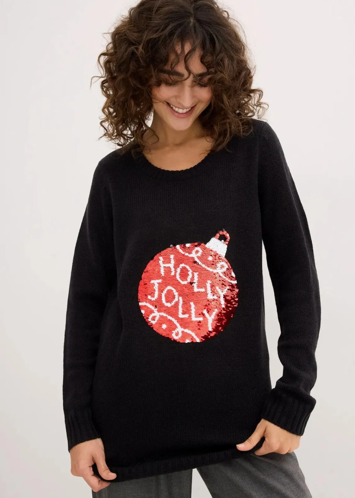 bonprix Bekleidung·Umstandsmode|Bekleidung·Jeans^Weihnachtspullover mit Wendepailletten schwarz