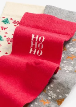 bonprix Socken|Socken^Weihnachtssocken mit Bio-Baumwolle (3er Pack) cremeweiß gemustert + beige meliert gemustert + rot gemustert