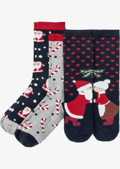 bonprix Socken|Socken^Weihnachtssocken mit Bio-Baumwolle (3er Pack) dunkelblau/hellgrau meliert gemustert