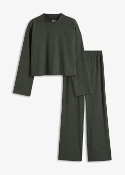 bonprix Wäsche·Nachtwäsche|Wäsche·Homewear^Weit geschnittener Loungewear Hausanzug aus weicher Rippe dunkelgrün meliert