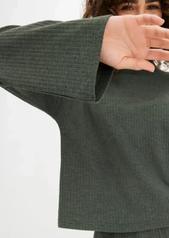 bonprix Wäsche·Nachtwäsche|Wäsche·Homewear^Weit geschnittener Loungewear Hausanzug aus weicher Rippe dunkelgrün meliert