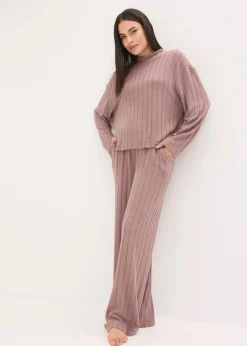 bonprix Homewear|Nachtwäsche^Weit geschnittener Loungewear Hausanzug aus weicher Rippe matt braun