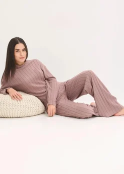 bonprix Homewear|Nachtwäsche^Weit geschnittener Loungewear Hausanzug aus weicher Rippe matt braun