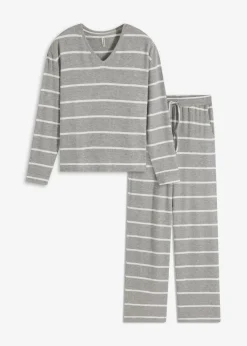 bonprix Wäsche·Homewear|Wäsche·Nachtwäsche^Weit geschnittener Loungewear Hausanzug aus weichem Material grau meliert/naturmeliert gestreift