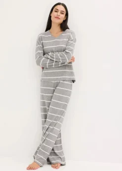 bonprix Wäsche·Homewear|Wäsche·Nachtwäsche^Weit geschnittener Loungewear Hausanzug aus weichem Material grau meliert/naturmeliert gestreift