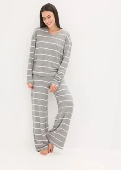 bonprix Wäsche·Homewear|Wäsche·Nachtwäsche^Weit geschnittener Loungewear Hausanzug aus weichem Material grau meliert/naturmeliert gestreift