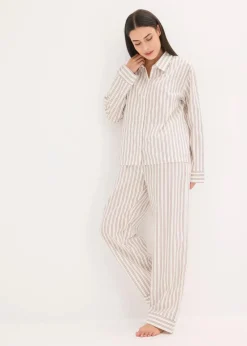 bonprix Wäsche·Homewear|Wäsche·Nachtwäsche^Weit geschnittener Loungewear Hausanzug aus gewebter Baumwolle natur/mattbraun gestreift