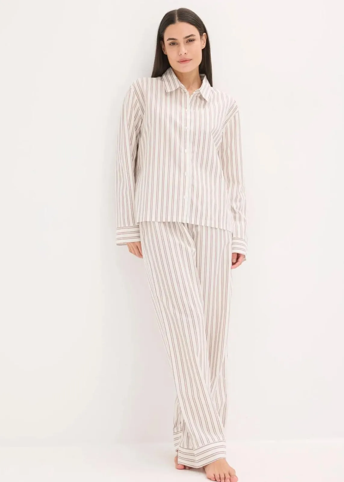 bonprix Wäsche·Homewear|Wäsche·Nachtwäsche^Weit geschnittener Loungewear Hausanzug aus gewebter Baumwolle natur/mattbraun gestreift