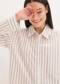 bonprix Wäsche·Homewear|Wäsche·Nachtwäsche^Weit geschnittener Loungewear Hausanzug aus gewebter Baumwolle natur/mattbraun gestreift