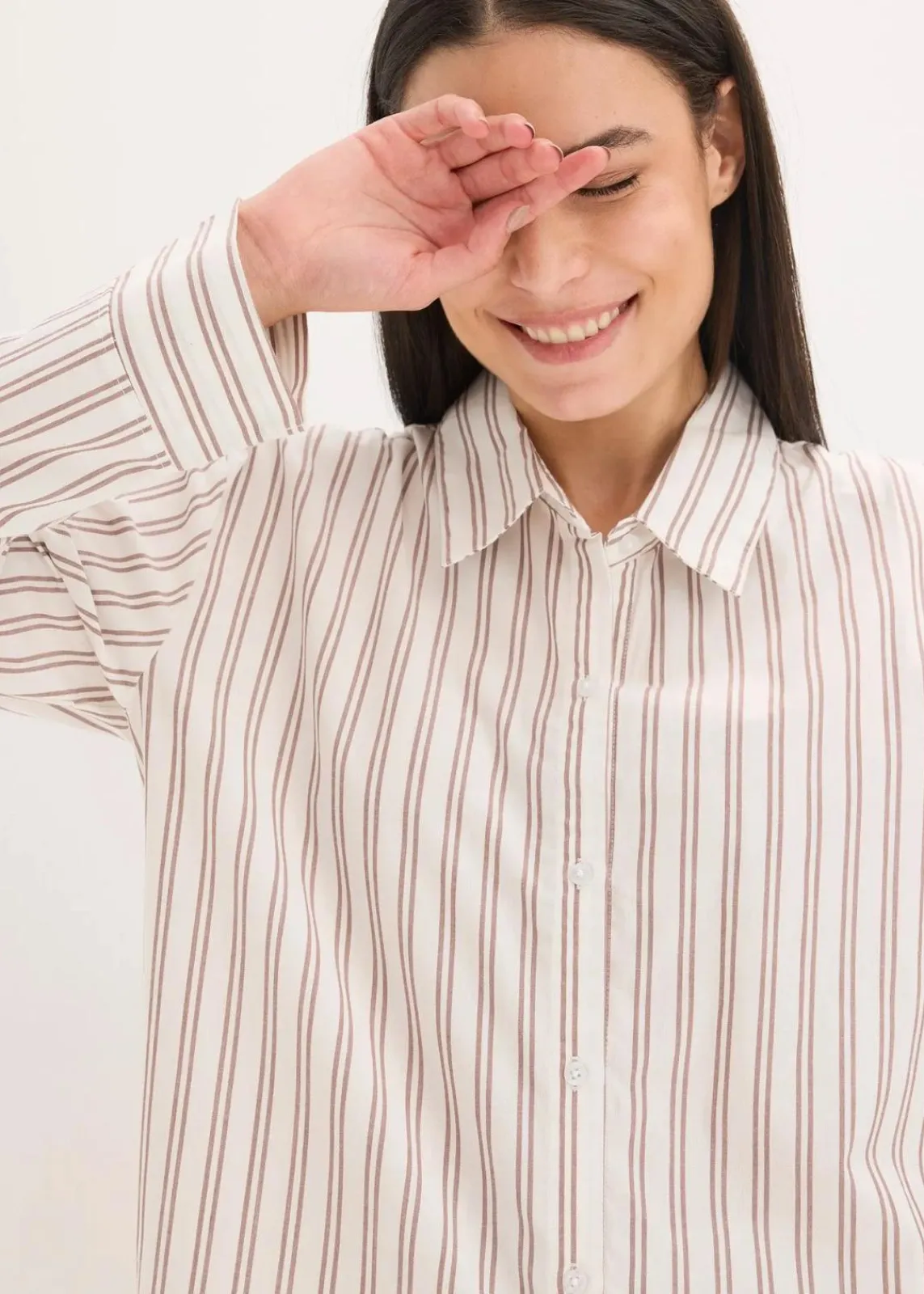 bonprix Wäsche·Homewear|Wäsche·Nachtwäsche^Weit geschnittener Loungewear Hausanzug aus gewebter Baumwolle natur/mattbraun gestreift